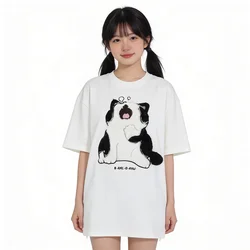 Cute Sleeping Cat Plush Embroidered Short-sleeved T-shirt Women's Summer Preppy Style Lovely Loose Top Couple Matching Tee Shirt