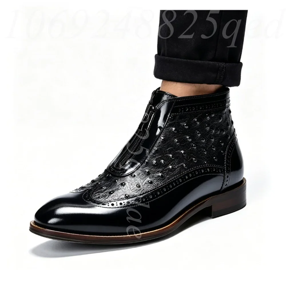 Men's Polished Leather Brogue Ankle Boots, Front Zipper, Wingtip Detail, Pointed Toe, Formal Business Dress Boots for Gentlemen