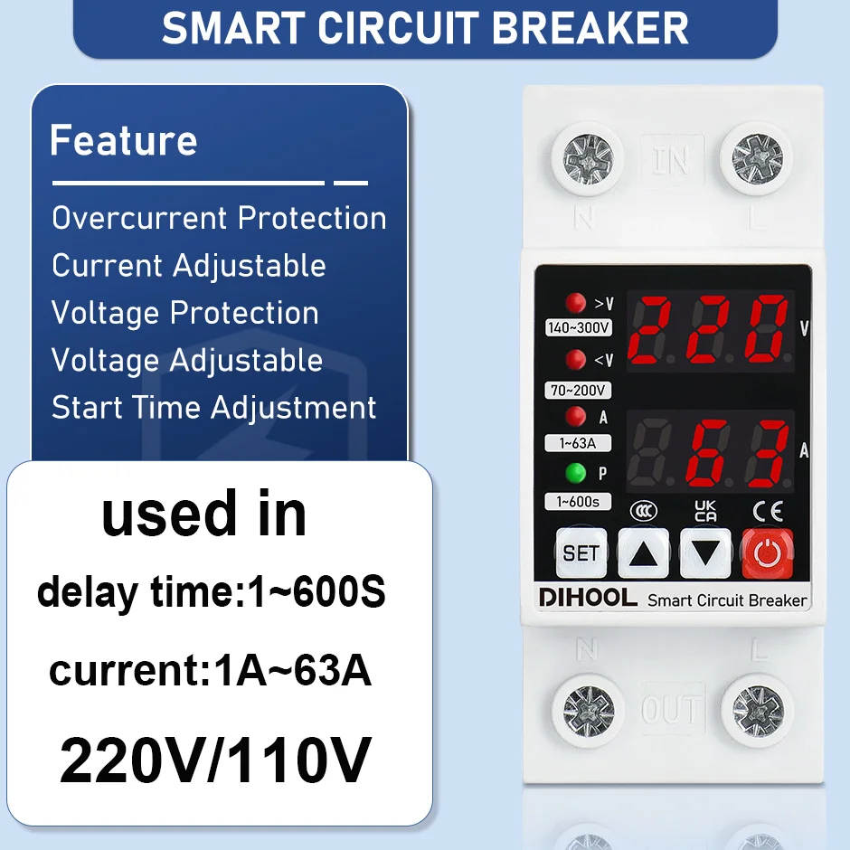Self Recovering Overvoltage and Undervoltage Protector Current Protection Device with Delayed Recovery of 1A~63A for 110V/220V