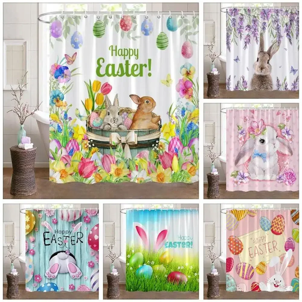 Easter Funny Bunny Bathroom Shower Curtain Happy Cartoon Bunny Eggs Floral Washable Removable Shower Curtains Bathroom Decor