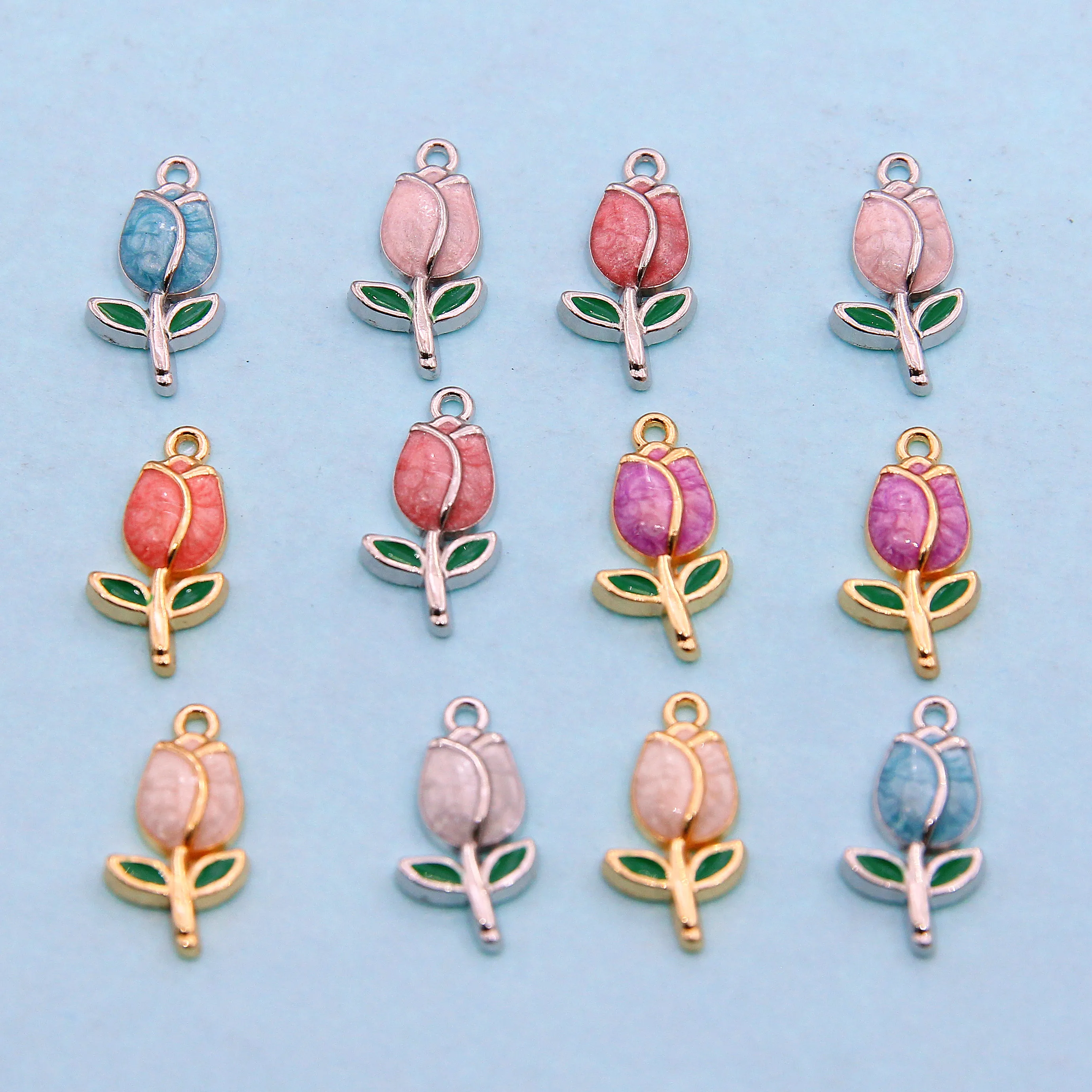 10pcs 22*11mm Simple Temperament Style Mixed Color Tulip Flowers Small Fresh Alloy Pendant Diy Necklace Earrings Accessories