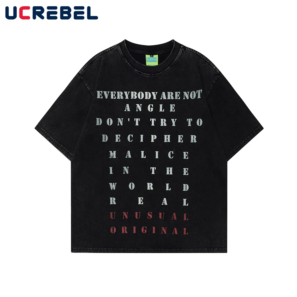 

High Street Letter Print Short Sleeve T-shirt Mens Double-sided Printed Summer Loose Distressed Crew Neck Cotton Tee Men