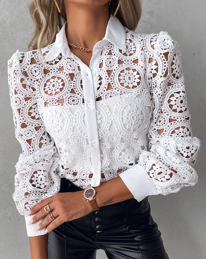 

Fashion Woman Blouse 2024 Spring Lace Hollow Out Long Sleeve Casual Turn-Down Collar Plain Button Daily Semi-Sheer Shirt Top