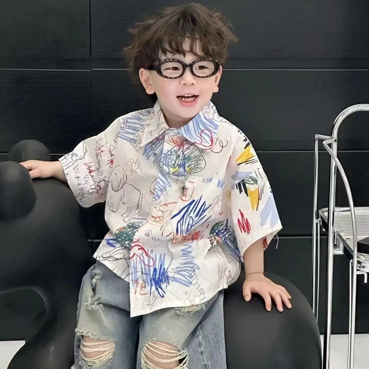 Children's Graffiti Short Sleeved Button Shirt Denim Shorts Two-piece Sets Boys' Tops Hole Jeans Summer New Korea Fashion Suits