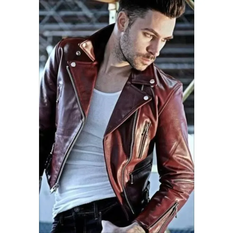 

Men's Lambskin Leather Jacket Stylish Brown Premium Quality Leather Jacket European and American Fashion Trends