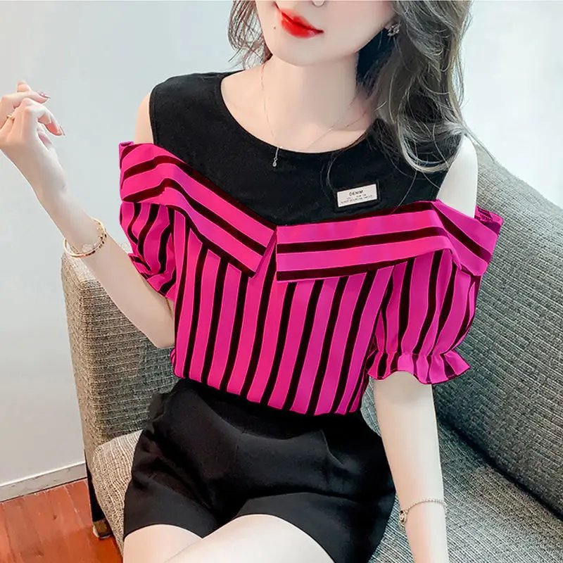 

Women's Fashion Korean Striped Printed Off Shoulder Shirt Summer All-match Casual Two Piece Set Spliced Blouse Female Clothing