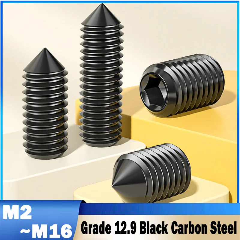 1~20Pcs M2~M16 Grade 12.9 Black Carbon Steel Hex Socket Hexagon Cone Point Grub Set Screw Bolt Tapered End