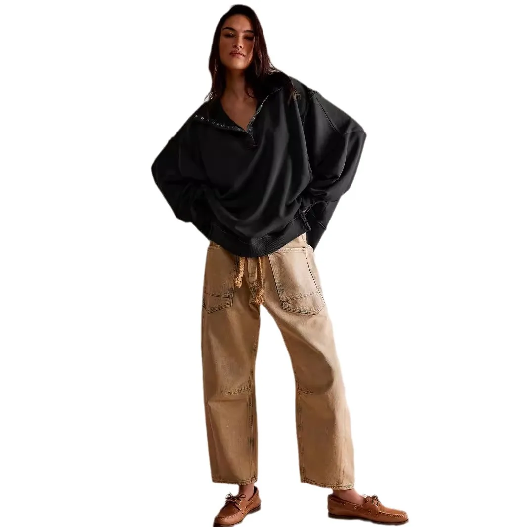 2025 라펠 솔리드 컬러 버튼 오버사이즈 루즈핏 긴팔 가을 겨울 다용도 풀오버 스웨트셔츠 탑스 데 탈라 그란데