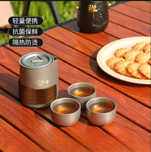 

Titanium Alloy Portable Travel Tea Set Teapot Double Layer Teacup Outdoor Camping Tea Making Equipment