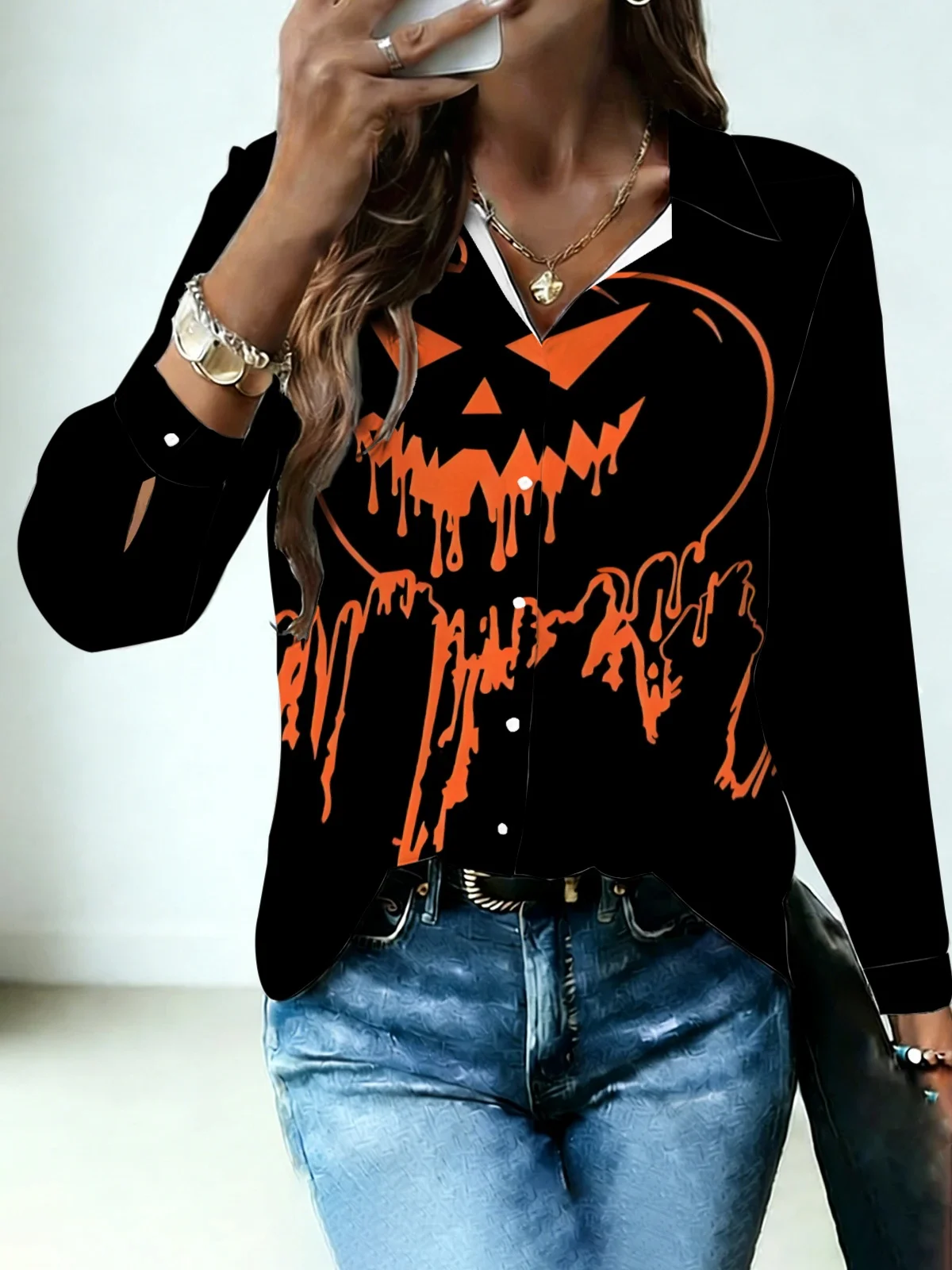 Minimal Gothic Halloween Pumpkin Womens Collared Shirt Pure Black Base Melting Drip Effect Jack-o-lantern Allover Print Long Sle