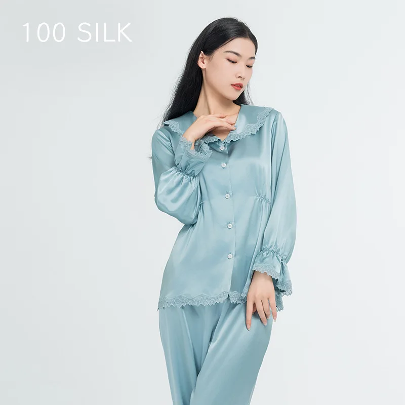 High Quality Natural 22momme Real Silk Pajamas for Women Spring and Summer New  Lace Stitching Casual Homewear Suit