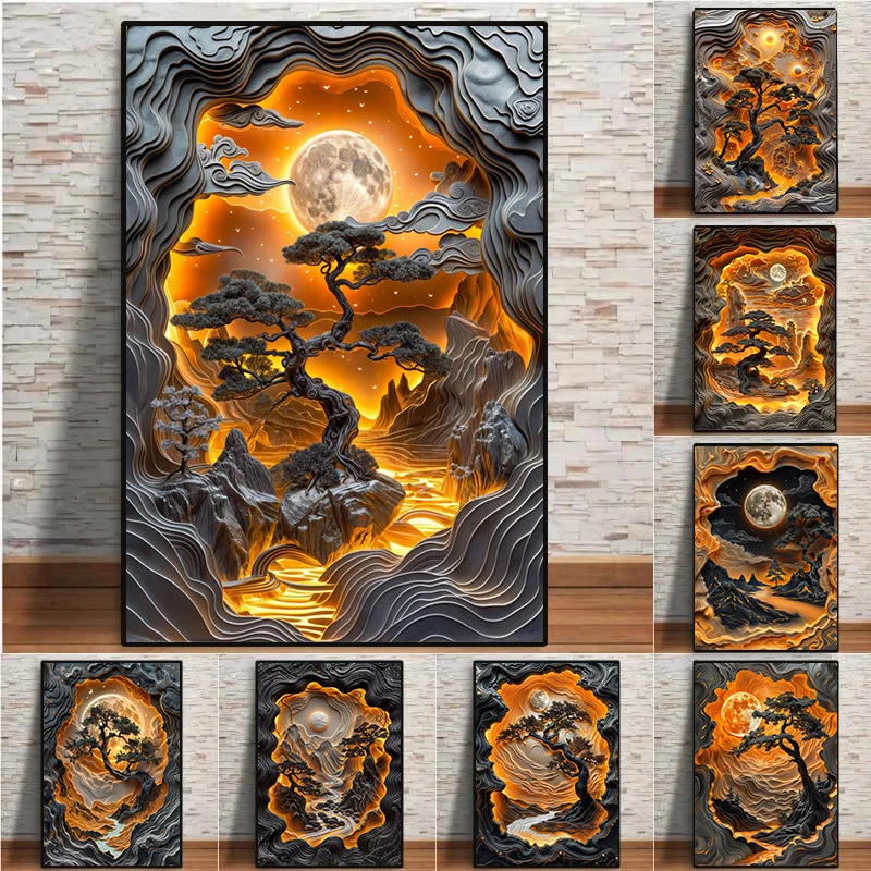 Abstract Lava Land Landscape Canvas Poster Bonsai Moonrise Valley View Prints Painting Wall Art Pictures Living Room Home Decor