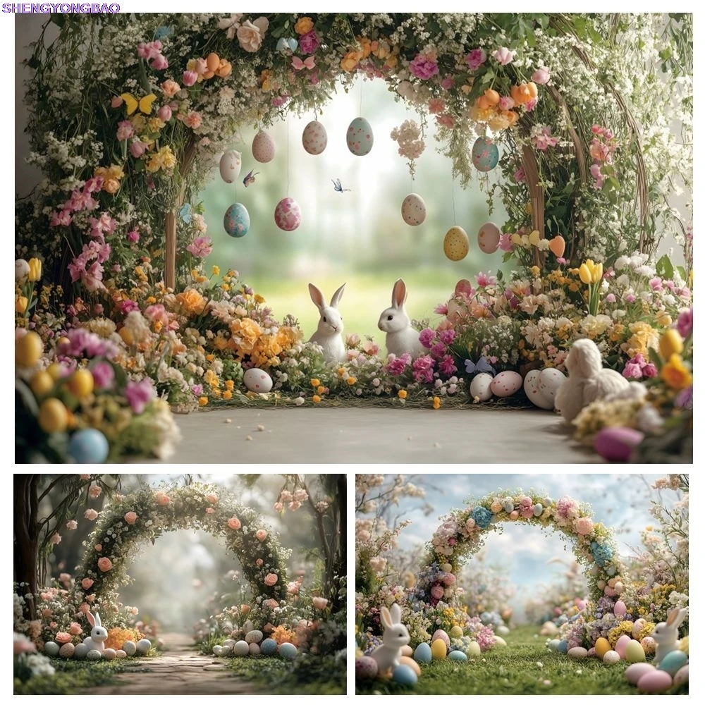 

Easter Flowers Arch Backdrop Garden Rabbit Colorful Eggs Baby Shower Children Portrait Photography Background Banner Poster Prop