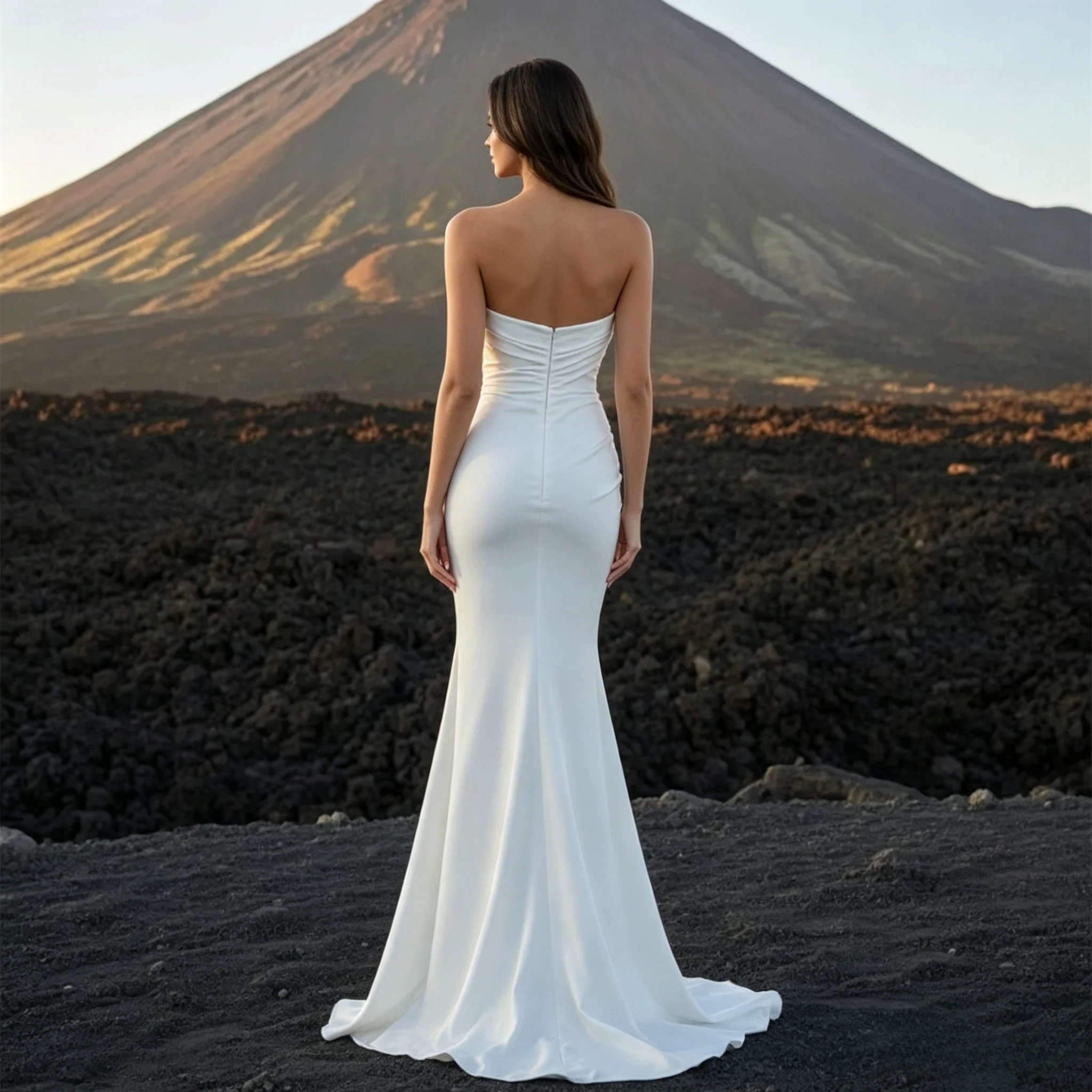 Customized Simple Scalloped Neckline Open Back Mermaid Floor Length Sweep Train Wedding Dresses Hign Quality Satin Bridal Gowns