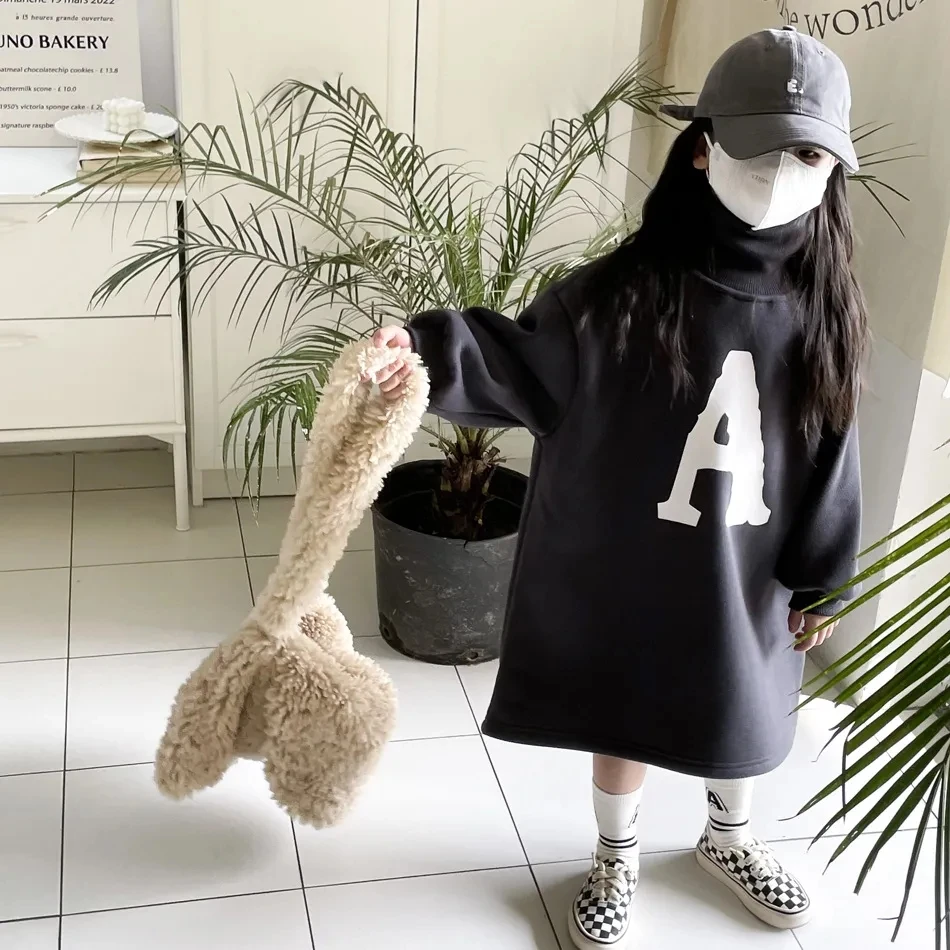 Vestido de terciopelo grueso para niñas de 2 a 12 años, sudaderas con capucha de manga larga y cuello alto, trajes casuales cálidos para niños