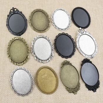 5 개 / 몫 30x40mm 내부 크기 빈티지 꽃 브로치 핀 골동품 골드 / 실버 도금 청동 카보 숑 빈 자료 설정 베젤 트레이