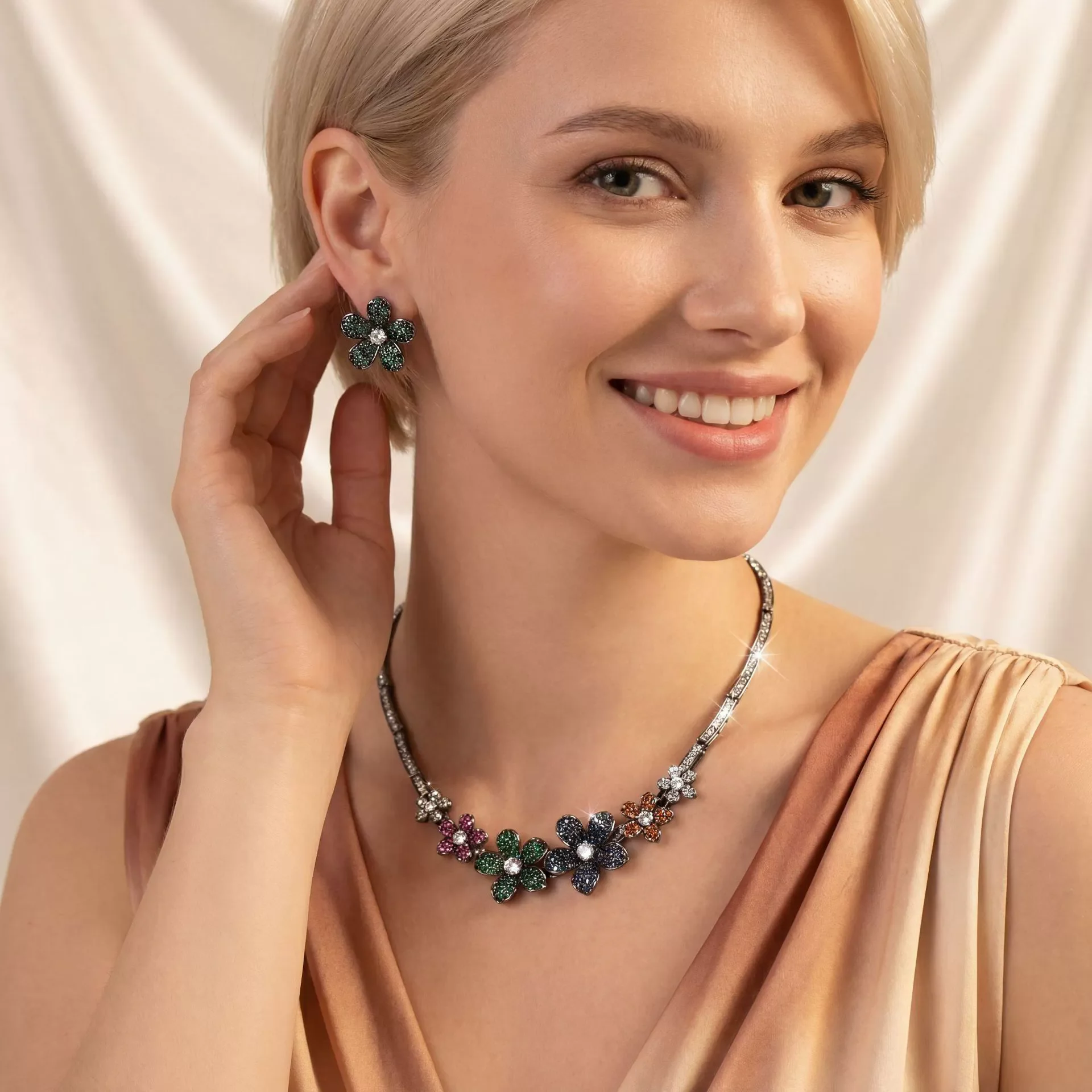 Luxury Jewelry Set For Women Cubic Zirconia Flower Pendant Necklace Earrings Set For Wedding Bride Prom Party Choker Necklace