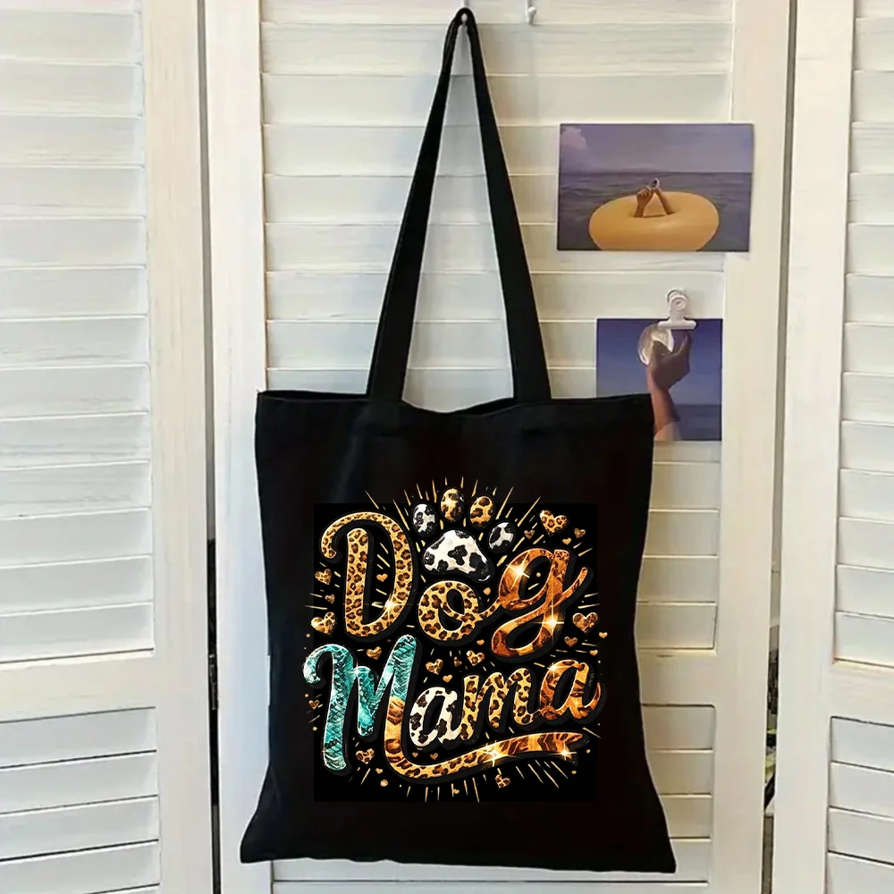 Dog Mama Leopard Print Black Canvas Tote Bag, Women Shoulder Bag, Dog Lover Handbag for Pet Owners
