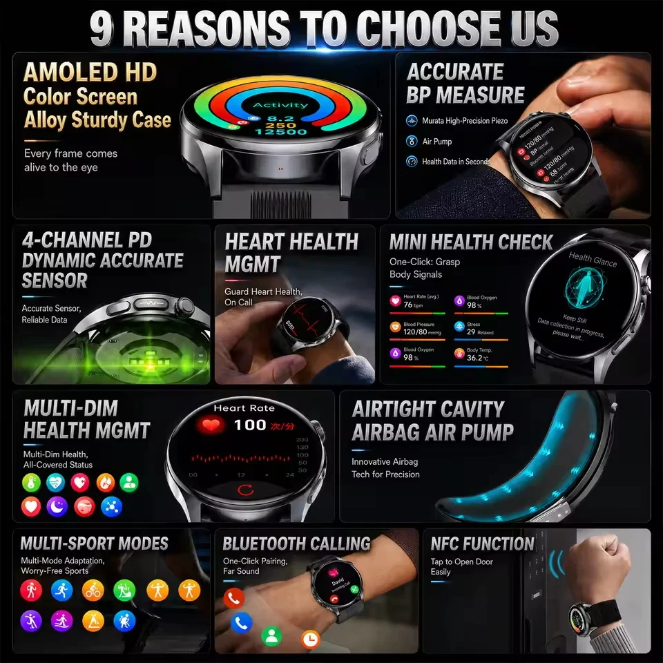 2026 New Accurate Blood Pressure Measurement Air pump airbag Smart Watch ECG+PPG Body analysis Uric acid Health NFC Smartwatch