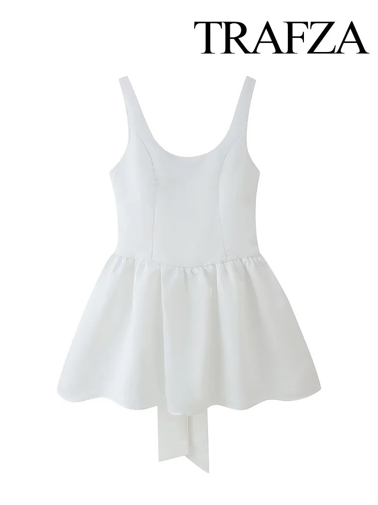 

HH Women Summer Elegant Solid Side Zipper Bow Backless Round Neck Decoration Dress Female Sexy Sleeveless Short Dress Mujer