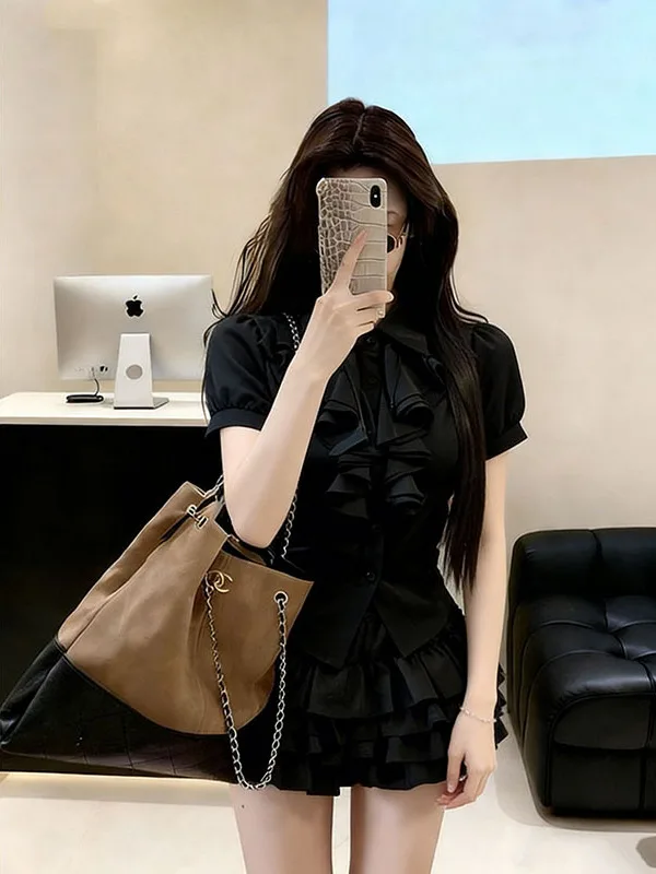 

American Design Style Bubble Sleeve Shirt Women's Waist Cinching Slimming Puffy Cake Skirt Fashionable New Set High Waist Sho...