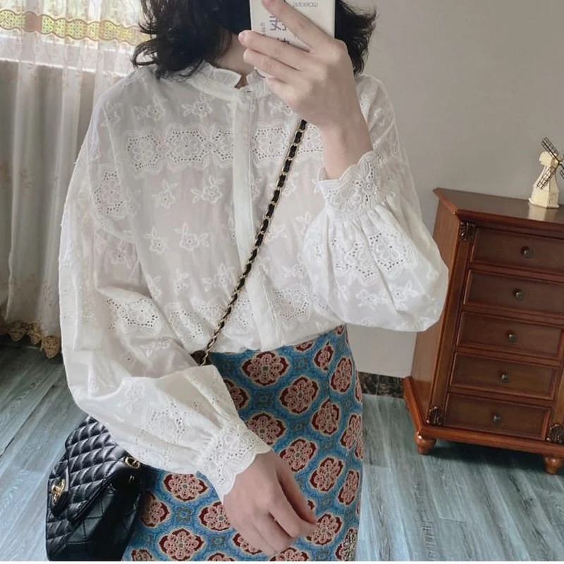 Spring New High Street Solid Color Pure Cotton Shirt Women Round Neck Lantern Sleeve Single Breasted Cardigan Temperament Tops