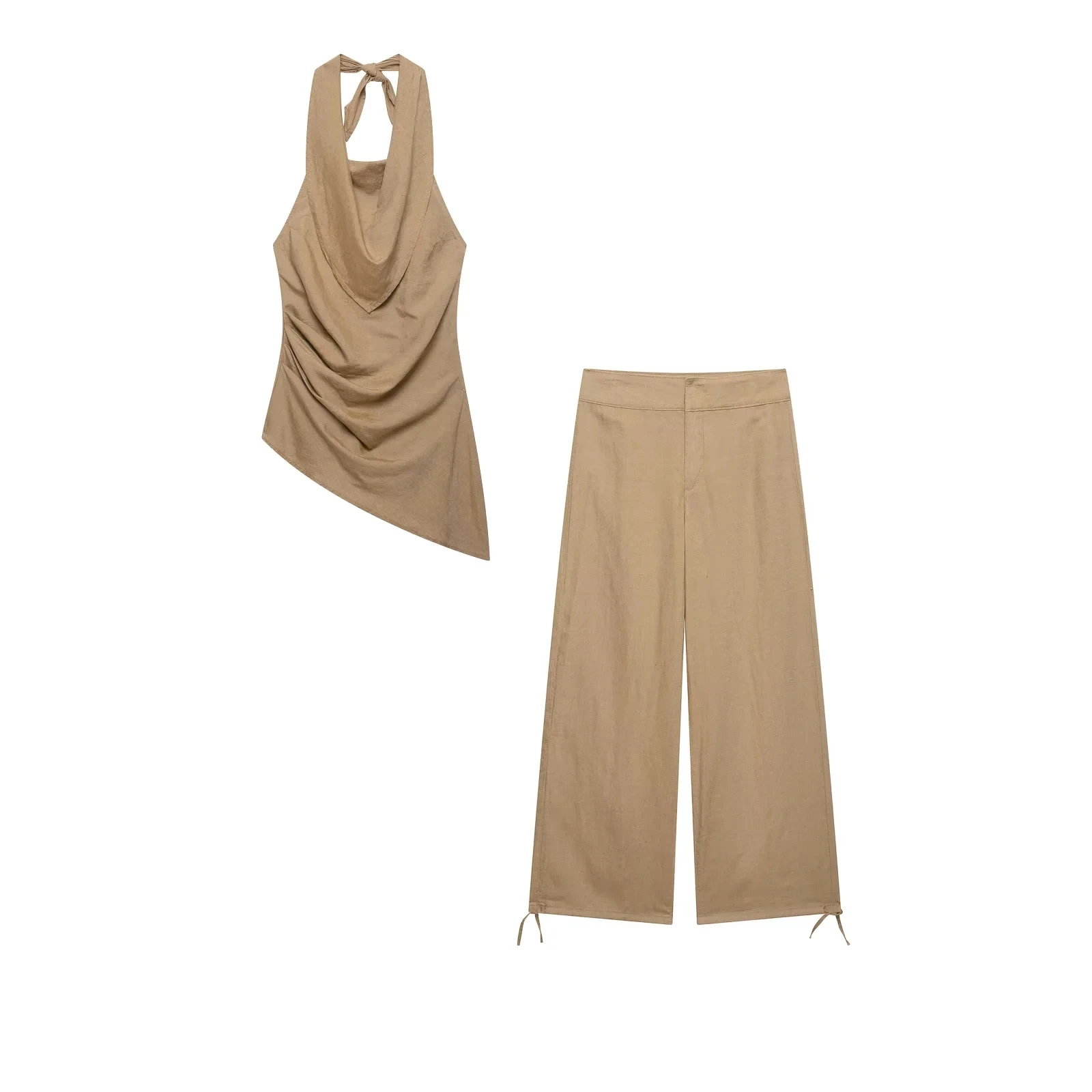 KONDALA Vintage Khaki Einfarbiger Damenanzug, Neckholder Ärmellos Rückenfrei Plissiert Schmal Geschnittene Weste, Weite Hose, Modische Elegante Sets für Herbst 2026 – Detail 3