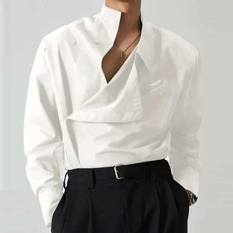 Elegant Turn-down Collar Irregular Shirts Mens Long Sleeve Button-up Solid Color Shirt Tops 2025 Autumn Casual Men Loose Shirt