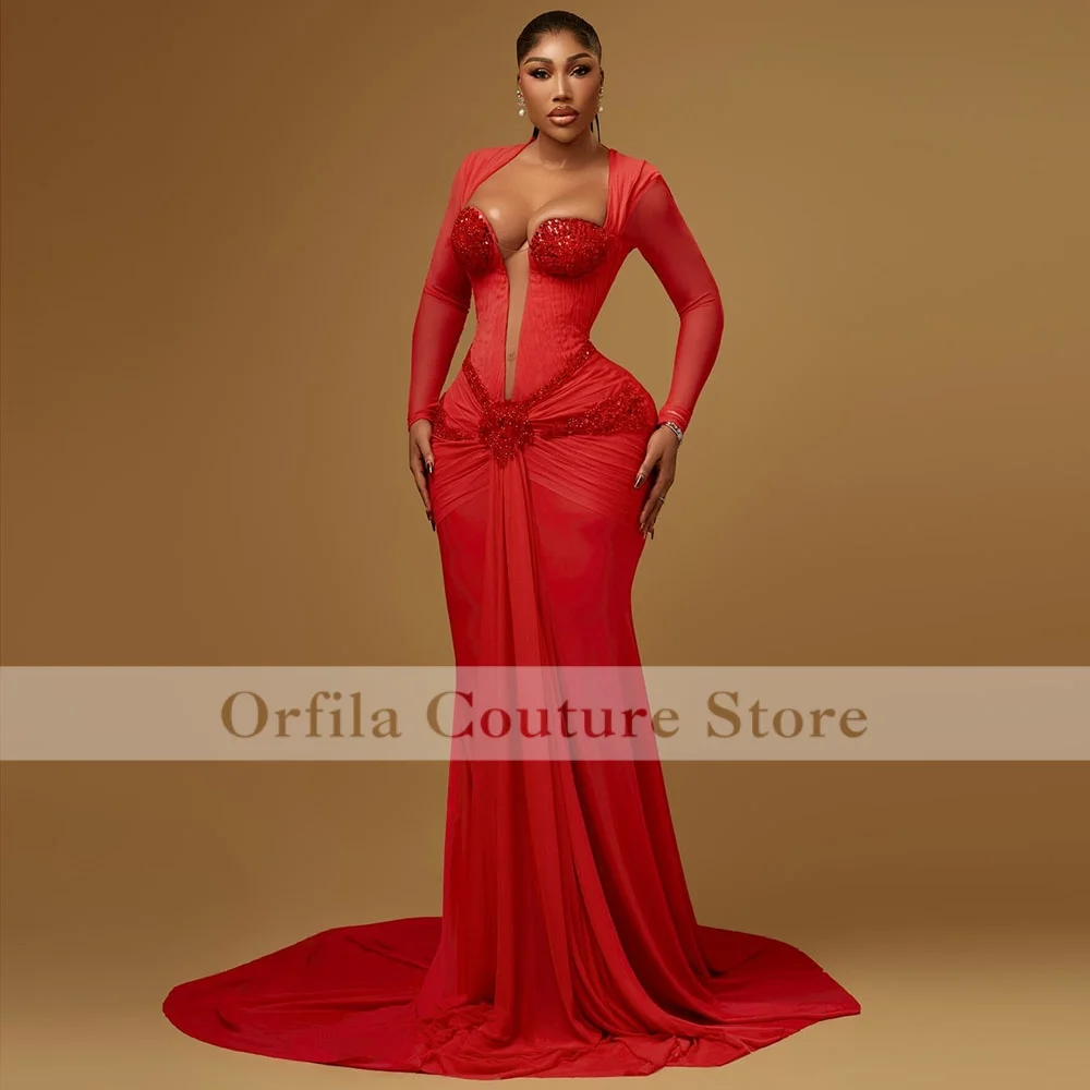 Elegance Red Evening Dresses with Beads Aso Ebi Women Birthday Dress Long Sleeves African Wedding Reception Dress