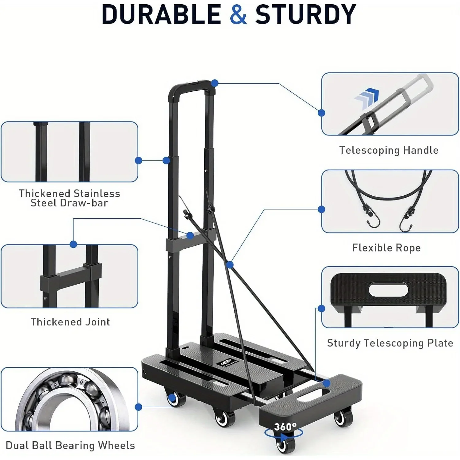 Heavy Duty Folding Hand Truck 6-Wheel Stair Climber Double Ball Bearings Thick Steel Frame Telescopic Handle for Moving.