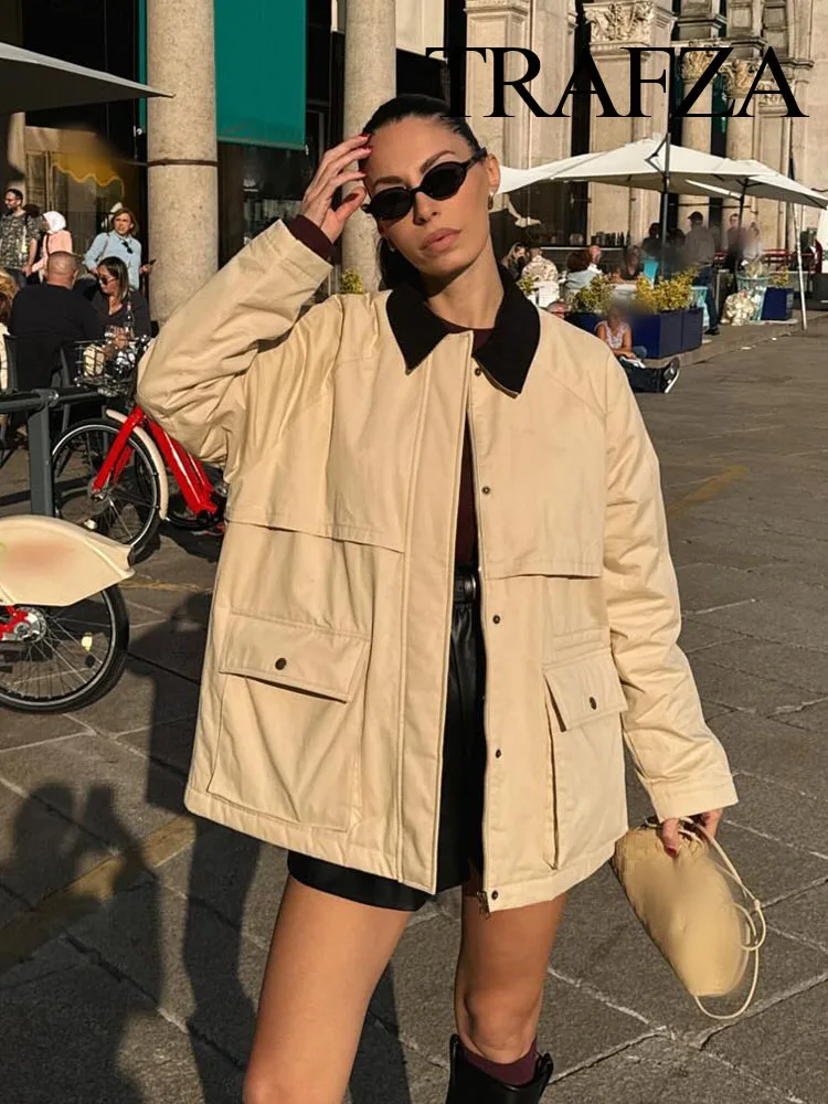 

TRAFZA Women's Winter Fashion Vintage Corduroy Collar Padded Coat Female Long Sleeves Loose Pockets Warm Windproof Jacket Mujer