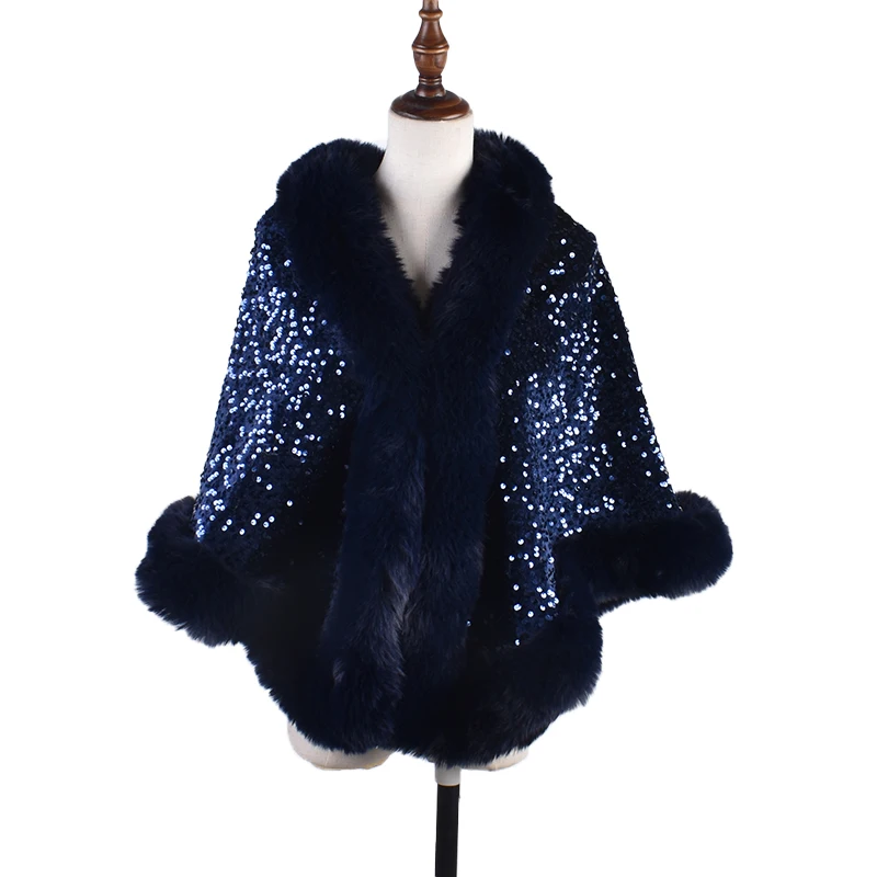 Sequin plush shawl for women\'s gatherings, warm scarf, versatile fur collar jacket, plush thickening, versatile fur cape shawl