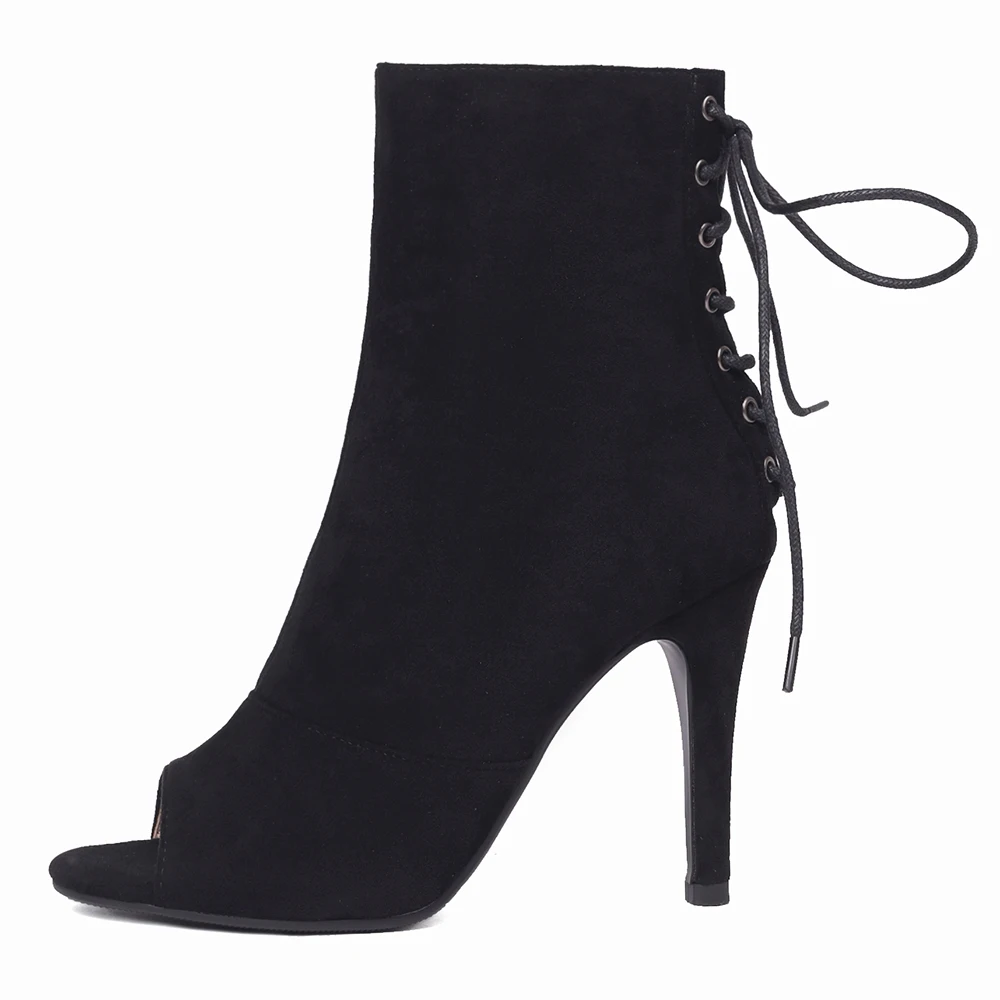 New Style Ladies Peep Toe Ankle Boots Women Suede High Heels Back Lace-Up Dance Shoes Lady Black Sexy fish mouth Booties 42