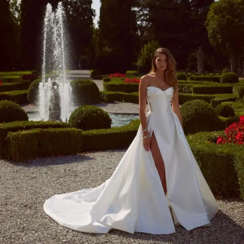 Vestidos De novia De satén sencillos, apliques florales, Vestidos De novia sin mangas, longitud hasta el suelo con abertura lateral, Vestidos De novia personalizados