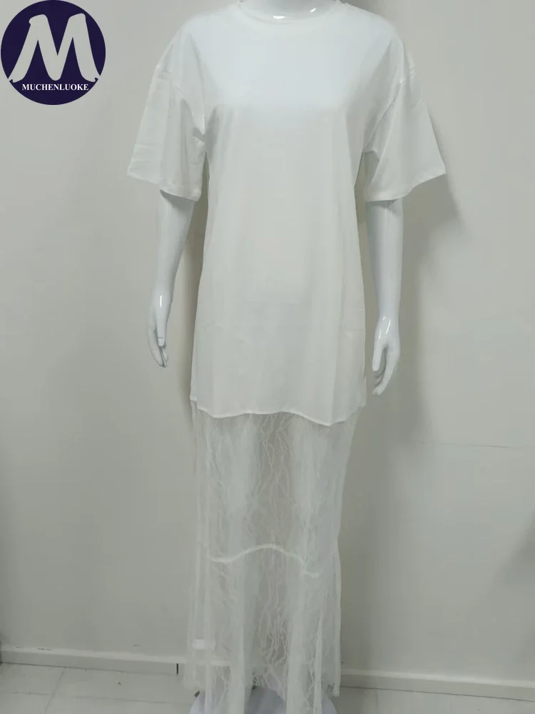 Elegante damesjurken zomer nieuwe halve mouw O-hals splitsen kanten jurk modieuze casual losse nep tweedelige jurken