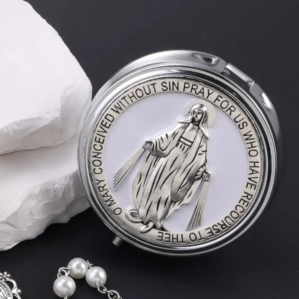 

Women Small Case Retro Religious Jewelry Box Zinc Alloy Round Virgin Mary Gift Box Elegant Jewelry Storage Box Catholic Gift