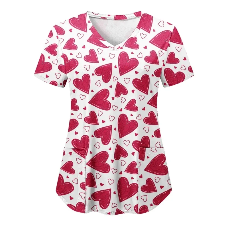 Elegant heart-print women's nurse uniformTShirt VShort-sleeved medical workwear with collar Dental Clinic Pet Hospital