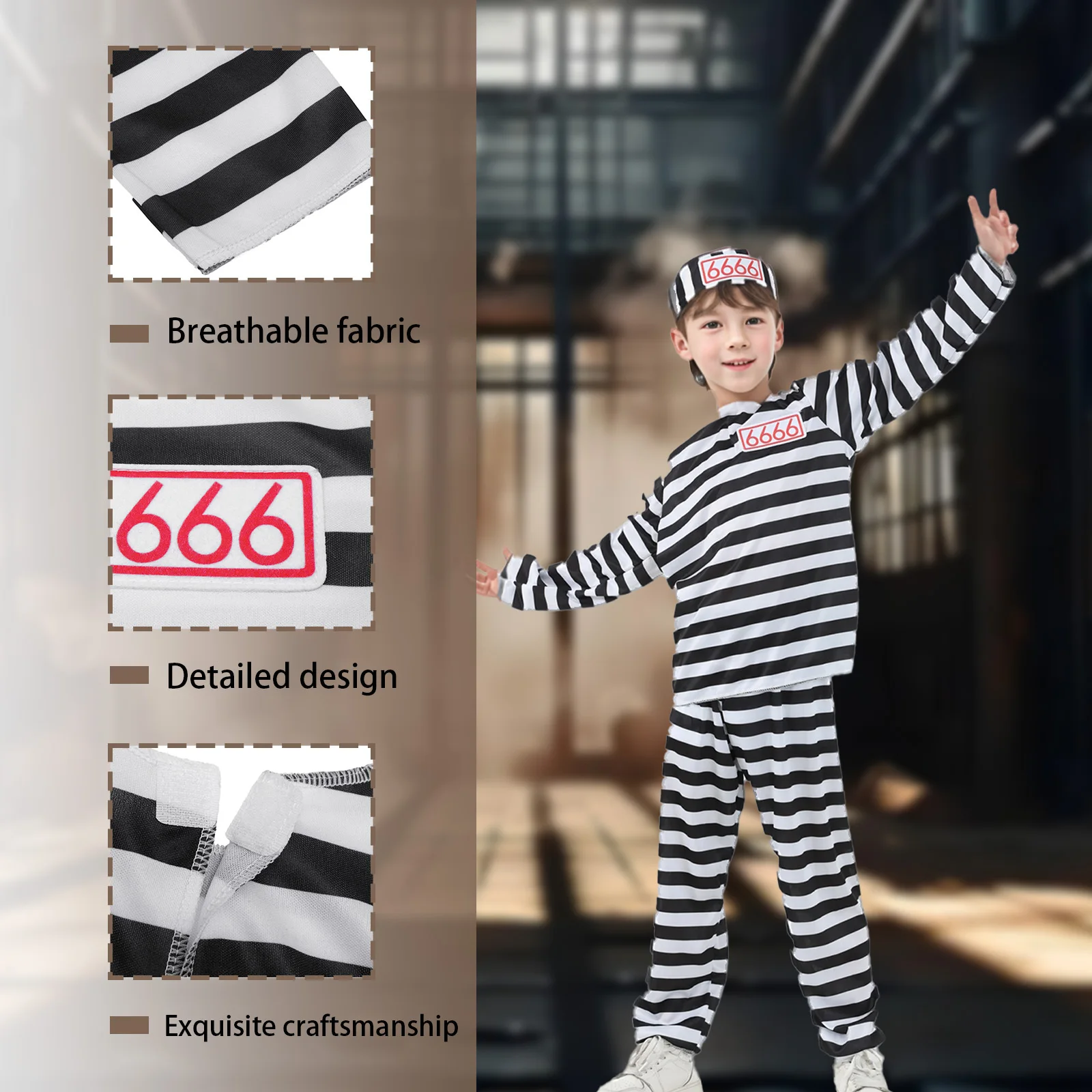 3-Piece Set of Funny Classic Black and White Striped Suit, Top, Pants, Hat, Halloween Fun Party Dress up Costume