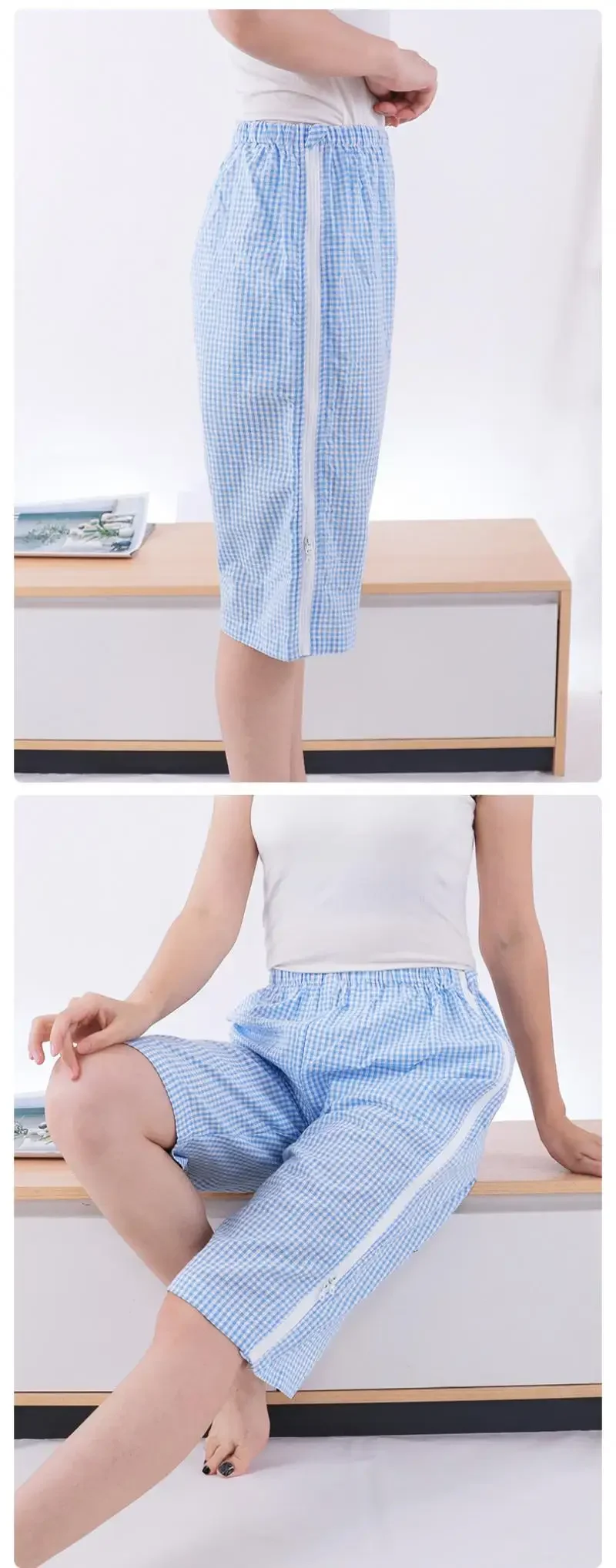 Pantalones cortos Capris para pacientes, fáciles de usar y quitar, cuidado de roturas, diseño bidireccional con cremallera, medio pantalón para cama