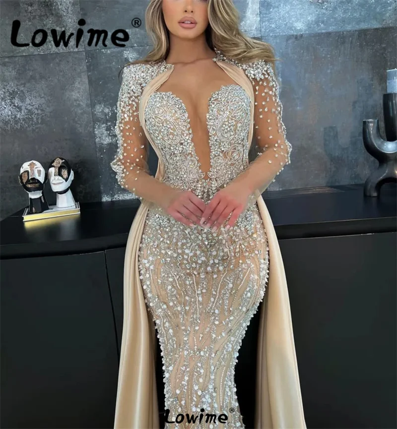 Heavy Crystals Customized Evening Dress Celebrity Dresses 2024 Long Sleeves Mermaid See Through Beaded Wedding Prom Party Dress