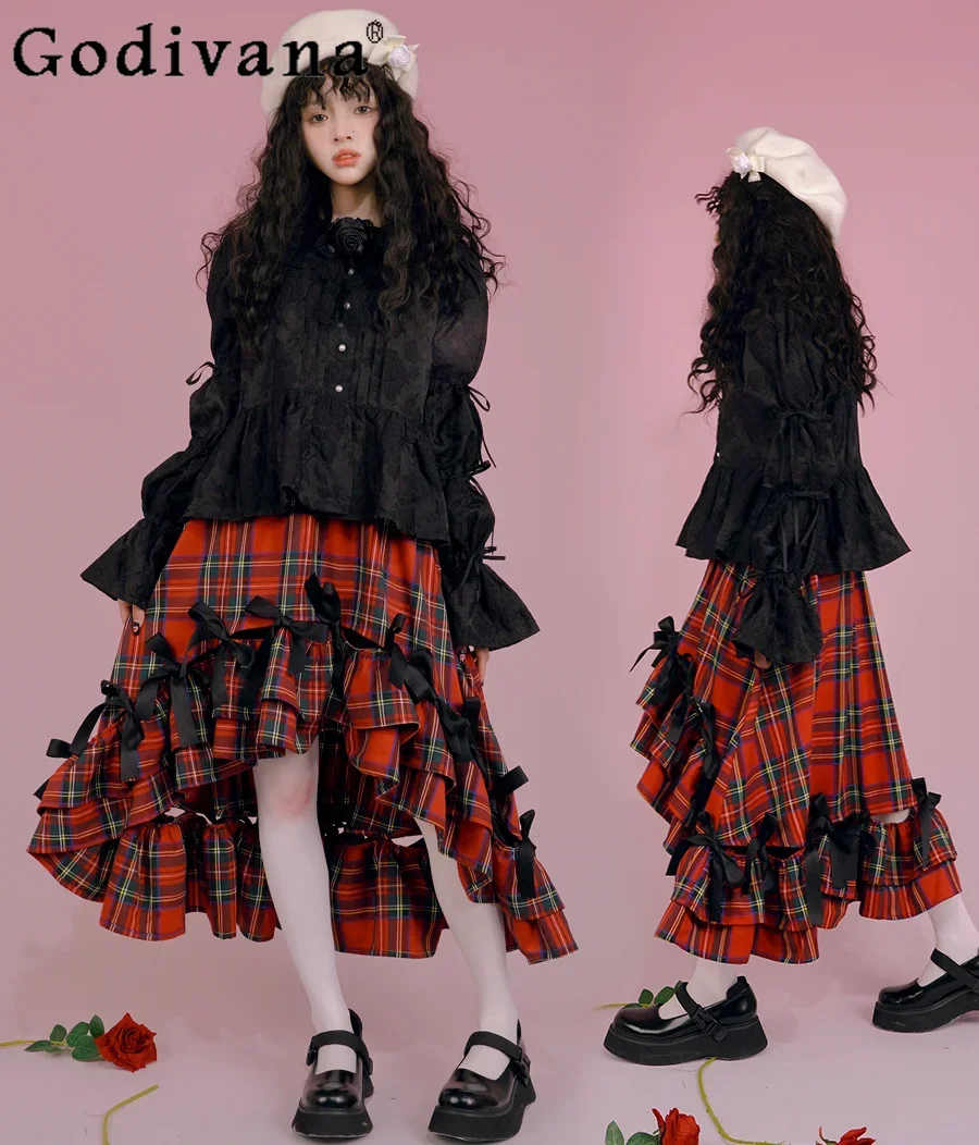 

Girly Sweet Bow Irregular Red Plaid Skirt for Women Fall Winter Fashion Elegant All-Match High Waist Slim Mid-Length Y2g Skirts