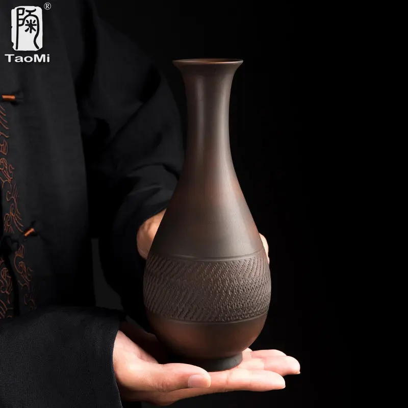 

Фиолетовая глиняная ваза для цветов, домашняя цветочная ваза в стиле дзен, китайская керамика, маленькая ваза для сушеных цветов, орнамент, цветочная композиция, домашний декор