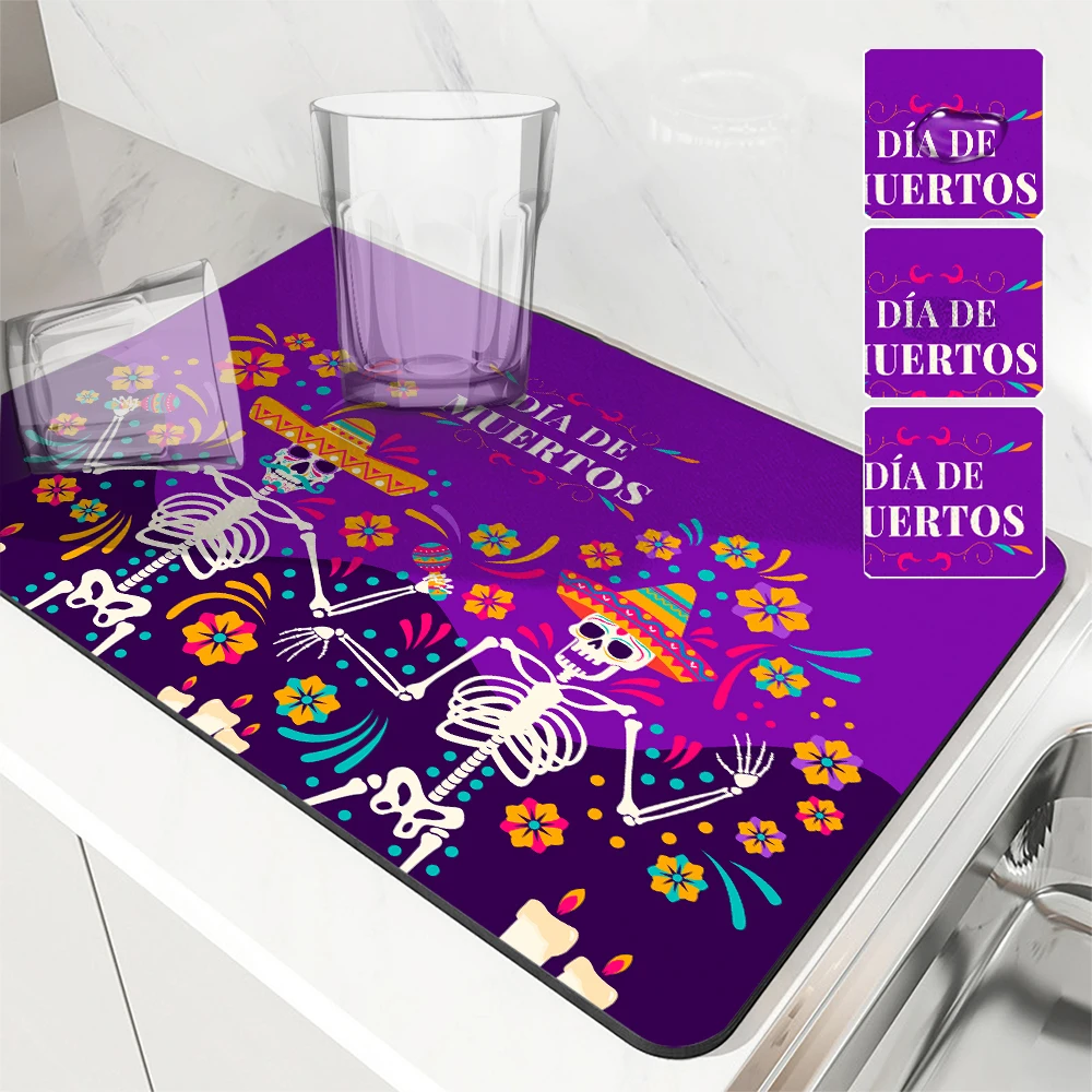 1pc Drying Mat May 5 Day of The Dead Skull Non-Slip Absorbent Mat Tableware Kitchen Counter Drain Mats Placemats for Table