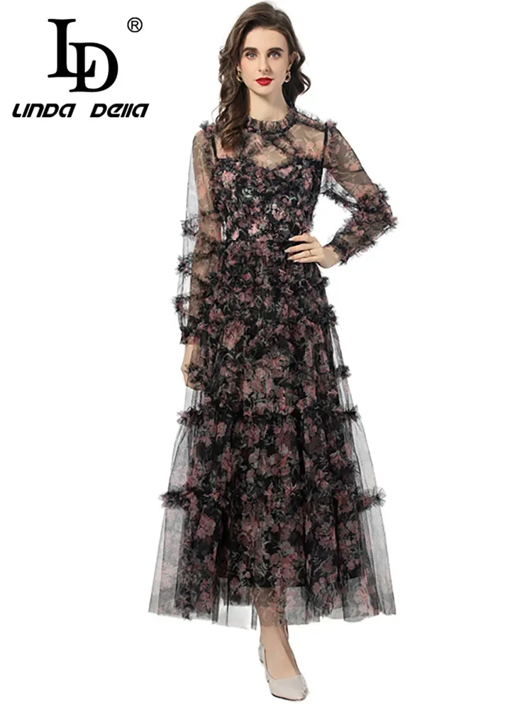 

LD LINDA DELLA 2024 New Style Runway Designer Dress Women's Size S-XXXXL Bohemian Floral Print Net Yarn Cascading Ruffle Dresses