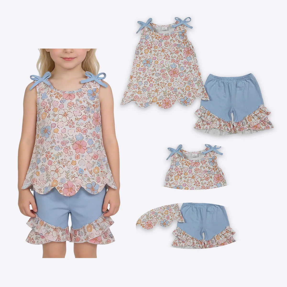 

Kids Baby Girls Sleeveless Colorful Flowers Scallop Tunic Tops Ruffle Shorts Clothes Cute Boutique Fashion Clothing Wholesale
