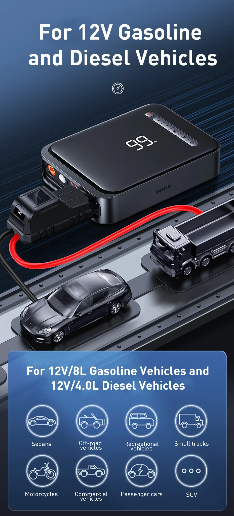 Baseus 1000A Auto-Starthilfe Powerbank 2-in-1 mit Luftpumpe, tragbarer Auto-Batterie-Booster für Notstartgeräte im Auto – Detail 6