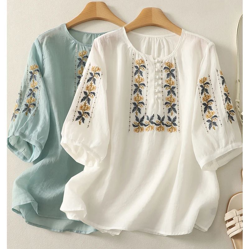 

Ramie Half Sleeve Embroidered Flower White Shirts Breathable Summer O-Neck Blouse Green Tops Shirt