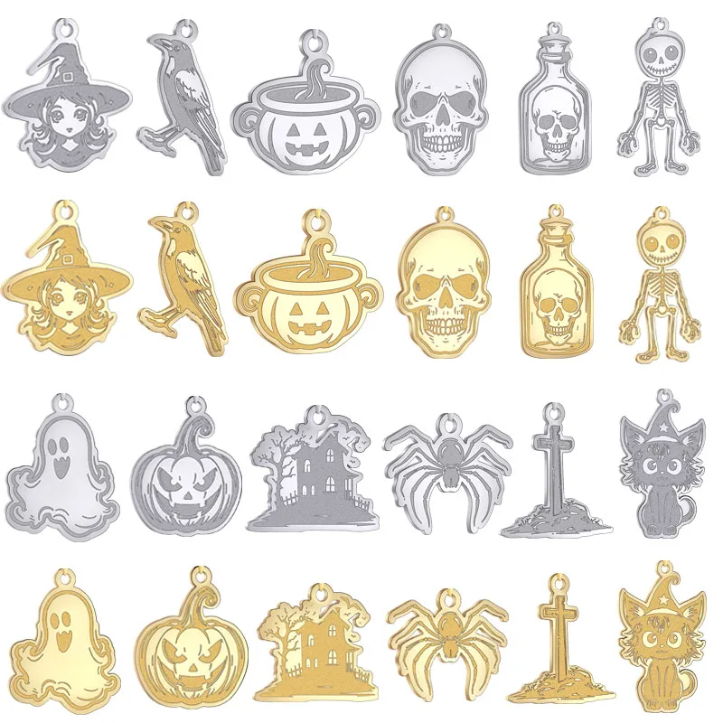 2PCS Halloween Charms Magic Witch Girl Ghost Pumpkin Spider Skull DIY Necklace Keychain Jewelry Making Stainless Steel Pendant