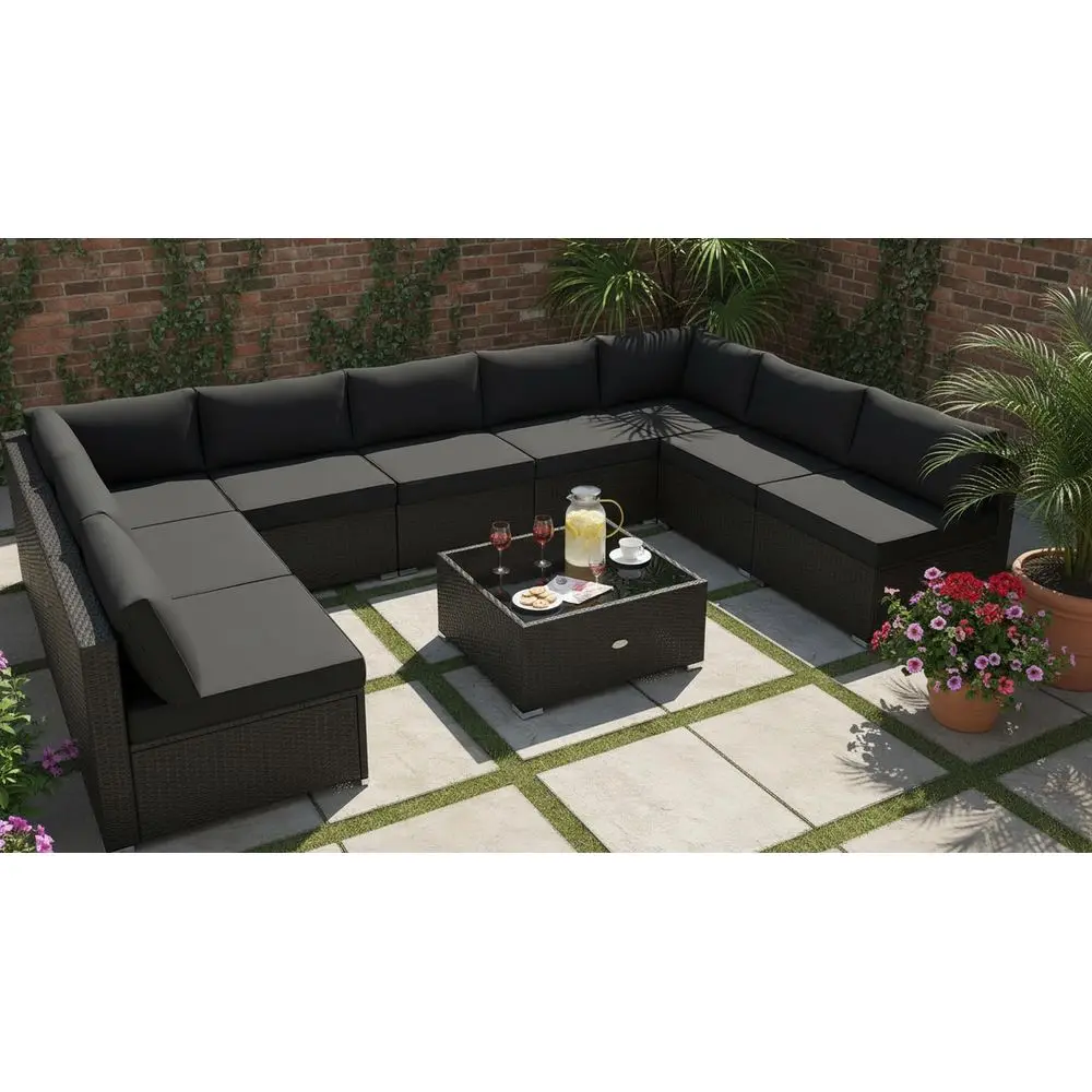 10 Piece Patio Sofa Set, Patiojoy Outdoor Wicker Conversation Set with Seat amp Back Cushions, Tempered Glass Tabletop, Sofa Fa