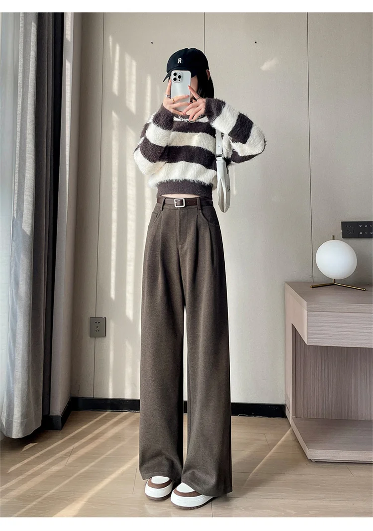 2023 Autumn and Winter New Wool Blended Wide-Leg Pants Straight Mopping Pants High Waist Slim Lengthened Casual Pants for Women